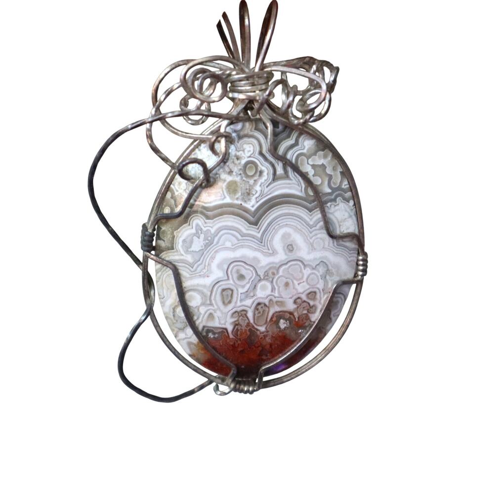 Handmade Crazy Lace Agate Gray White Red Pendant Wire Wrap Sterling Silver